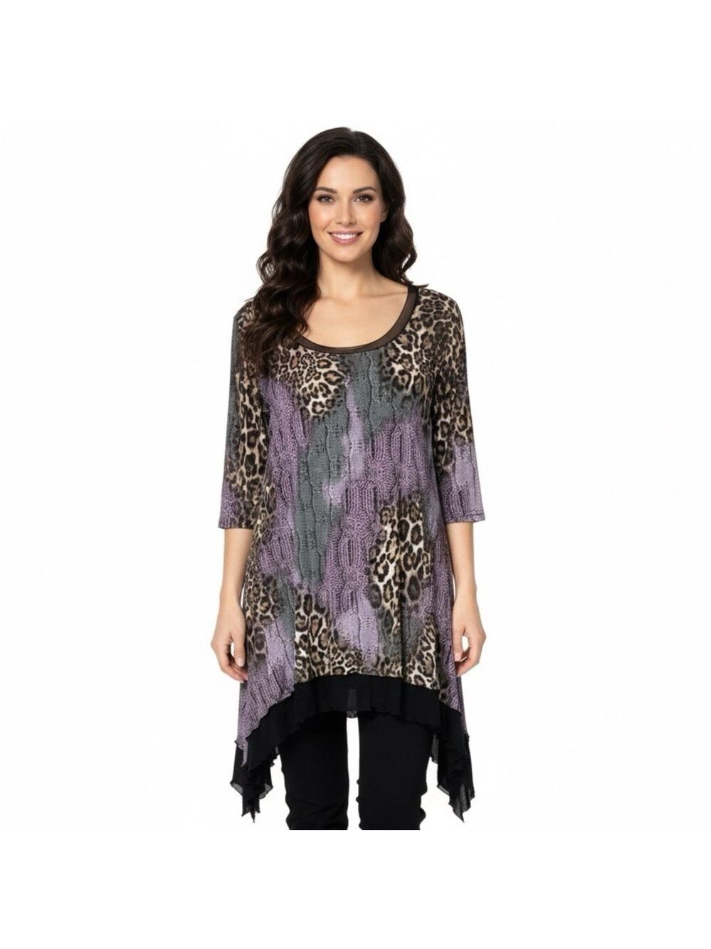 JOSEPH RIBKOFF Lightweight Tunic Top Animal Print Black Mesh Trim Sharkbite Hem